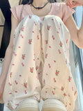 Joskaa American Casual White Flower Print Cargo Pants 2024 Autumn New High Waist  Y2k E-Girl Straight Wide Leg  Women