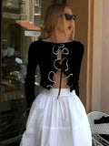 Black Friday Joskaa Elegant Lace Up Cardigan Women's Navel Cut Out Sexy Long Sleeve Ruffled Short Hot Girl Slim Fit Outwear Top Fall Fashion