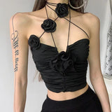 Joskaa Elegant Vintage Sexy Black Rose Halter Camisole Tops All-match Hollow Out Tank Top 2024 Summer New Slim Fit Vest for Women