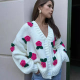 Black Friday Joskaa 3D Rose Flower Knitted Cardigan Female 2024 Autumn Winter Hand-Knitted Sweater Jacket V Neck Fashion Splice Casual Top