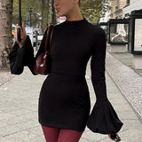 Black Friday Joskaa Fashion Pull Sleeve Black Mini Dress Female High Waist Elegant Long Sleeve Dresses Club Party Bodycon Women's Clothing