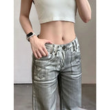 Joskaa American Street Silver White Jeans for Women Y2k E-Girl Low-waisted Denim Pants Spring Summer New Loose Wide Leg