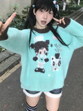 Black Friday Joskaa Kawaii Anime Print Sweater for Women Cutecore Green Knitted Pullover Japan Style Long Sleeve Oversized Winter Clothes