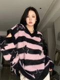 Black Friday Joskaa Harajuku Striped Sweater Oversize Y2k Style Pink Detachable Sleeves Star Print Jumpers Gothic Winter Korean Alt Clothes