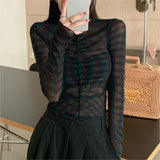 Joskaa Vintage Mesh Long Sleeve Black T-shirts 2024 Summer New O-neck Patchwork Tops Women Y2k Slim Fit Thin See Through Blusas Mujer