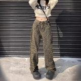 Joskaa Retro Spring Trendy Leopard Print Jeans Women's American High Street Trousers Y2K Harajuku Style Baggy  Waist Casual Pants