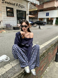 Black Friday Joskaa Navy Blue Skew Collar Sweatshirt Women Letter Print Oversized Streetwear Hoodie Wide Leg Plaid Pants Two Peice Sets Chic