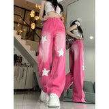 Joskaa American Vintage Star Print Street Denim Pants 2024 Autumn Sweet Pink Trousers Women Y2k Grunge High Waist Wide Leg