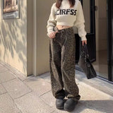 Joskaa Retro Spring Trendy Leopard Print Jeans Women's American High Street Trousers Y2K Harajuku Style Baggy  Waist Casual Pants