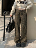 Joskaa Retro Spring Trendy Leopard Print Jeans Women's American High Street Trousers Y2K Harajuku Style Baggy  Waist Casual Pants