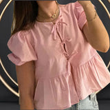 Back To School Joskaa Women's Elegant Kawaii Summer Peplum Blouse Tops Short Puff Sleeve Round Neck Bow Tie-Up Front Babydoll Flare Shirts