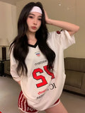 Back To School Joskaa Sports Letter Graphic T Shirts for Women Short Shoulder Contrast V-neck Loose Tops Streetwear Football Clothes Summer