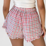 Back To School Joskaa Women's Y2K Kawaii Summer Casual Pajama Shorts Plaid Elastic Band Waist Ruffled Trim Loose Fit Button Lounge Boxers