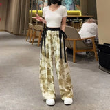 Joskaa New Chinese Style Calligraphy Pants 2024 Summer  Ice Silk Straight Trousers Y2k E-Girl High Waist Loose Wide Leg