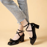 JOSKAA Black Retro Cross-Tie Pumps Casual 2024 Summer Marry Janes Round Toe Shoes Ladies Lolita Sweet Fashion Shoes Woman Bow Design