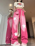 Joskaa American Retro Pink Star Jeans for Women 2024 Summer New Straight Denim Trousers Y2k E-Girl Loose Wide Leg Pants Mujer