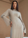 Black Friday Joskaa Fall Winter New Knitted Dress Female Casual Big Striped High Collar Sweater Long Dress Elegant Flare Sleeve Party Dresses