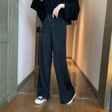 Joskaa Women Pleated Wide Leg Pants High Waist Korean Fashion Black Sequined Elastic Straight Casual Trousers Streetwear New