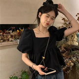 Joskaa Blouses Women Square Collar Sweet Loose French Style Puff Sleeve Chic Ruffles Simple Ulzzang Solid Fashion Temper Student Summer