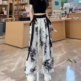 Joskaa New Chinese Style Calligraphy Pants 2024 Summer  Ice Silk Straight Trousers Y2k E-Girl High Waist Loose Wide Leg