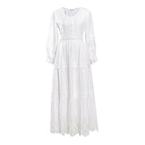 Joskaa-Lace Elegant Women's Dress Spring Hollow Button V Neck Lantern Sleeve White Long Dresses Boho Casual Holiday Vestidos