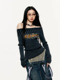 Black Friday Joskaa Y2k Vintage Striped Off Shoulder Sweater Gray Letter Print Pullover Gothic Style Long Sleeve Punk Grunge Alt Clothes 90s