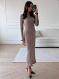 Black Friday Joskaa TARXUXY Long Sleeve Knitted Dress For Women Autumn Winter Slim Sexy Striped Sweater Long Dresses Female Elegant Party Clothes