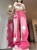 Joskaa American Retro Pink Star Jeans for Women 2024 Summer New Straight Denim Trousers Y2k E-Girl Loose Wide Leg Pants Mujer