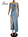 Joskaa Sky Blue Strapless Hollow Out Maxi Dresses for Women Party Clubwear 2024 Summer Sexy Backless High Slit Bodycon Dress