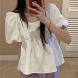 Joskaa Blouses Women Square Collar Sweet Loose French Style Puff Sleeve Chic Ruffles Simple Ulzzang Solid Fashion Temper Student Summer