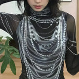 Joskaa Fashion Pearl Printed Black T-shirt for Women Y2k Mesh Long Sleeve Bottoming Tops  2024 Summer New Slim Fit Tee Shirt