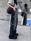 Joskaa American Retro Street Washed Blue Jeans for Women Y2k Grunge High Waist Loose Trousers 2024 Spring Straight Wide Leg Pants