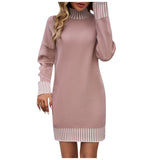 Joskaa Women Fall Trendy Knit Pullover Sweaters Dresses Mini Mock Neck Long Sleeve Trendy Blocked Fall 2025 Business Ribbed Dress