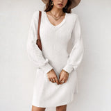 Joskaa Women'S Fashion Autumn Dress V Neck Braided One Line Long Sleeve Gown Sweater Dress Long Knit Sweater Dress For Women Elegant