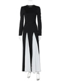 Black Friday Joskaa Elegant Contrasting Color Long Dress For Women Lace Up Long Sleeve Slim Party Dresses Female Patchwork Outfit 2024 Autumn