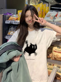 Back To School Joskaa White Print Women T-shirts Summer Streetwear Harajuku Short Sleeve Loose Tops Y2k Aesthetic Cat Graphical Casual Tees