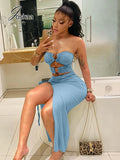 Joskaa Sky Blue Strapless Hollow Out Maxi Dresses for Women Party Clubwear 2024 Summer Sexy Backless High Slit Bodycon Dress