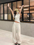 Joskaa Wide Leg White Linen Pants Woman Casual Basic Summer 2024 Oversize Female Straight Trousers Baggy Elastic Waist