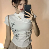 Joskaa Summer Cotton Short Sleeve Black T-shirts New Chinese Style Stand Collar Tee Shirt Y2k E-Girl Slim Fit All-match Tops Women