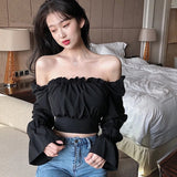 Joskaa-Women's Sexy Slim Bandage Long Sleeve Shirt Blouses Slash Neck Autumn Puff Sleeve