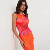 Joskaa Orange Flower Print Dress Women Sexy Mesh See Through Slim Beach Dresses Summer Sleeveless Maxi Holiday Dress 2024 Beachwear