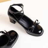 JOSKAA Black Retro Cross-Tie Pumps Casual 2024 Summer Marry Janes Round Toe Shoes Ladies Lolita Sweet Fashion Shoes Woman Bow Design