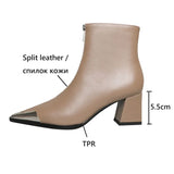 Joskaa NEW Autumn Women Boots Split Leather Shoes for Women Pointed Toe Chunky Heel Shoes Zipper Ankle Boots Metal Buckle Modern Boots