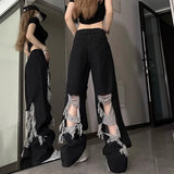 Joskaa Vintage Hole Hollow Out Black Jeans for Women Y2k E-Girl High Waist Straight Denim Pants 2024 Summer New Loose Wide Leg