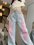 Joskaa American Washed Graffiti Retro Denim Pants for Women 2024 Summer New Loose Flare  Y2k E-Girl Straight Wide Leg Jeans