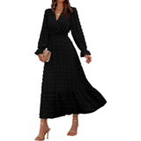 Joskaa Women Long Sleeve Maxi Dresses Casual V Neck Dot Tiered Flowy A Line Wedding Guest Temperament Tunic Dresses For Women 2025 Fall