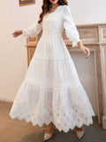 Joskaa-Lace Elegant Women's Dress Spring Hollow Button V Neck Lantern Sleeve White Long Dresses Boho Casual Holiday Vestidos