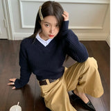 Joskaa Women Cropped Sweaters Korean Fashion Preppy Style Jumpers Female Old Money Aesthetic Casual V-neck Knitted Pullovers