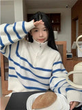 Black Friday Joskaa Blue Stripe Sweater Women Zipper Mock Neck Pullover Korean Fashion Vintage Basic Raglan Sleeve Winter Clothes Ins 2024