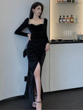 Joskaa-Sexy Party Dresses Women Winter Black Evening Elegant Long Dress Ladies France Vintage Split Fishtail Vestidos Autumn